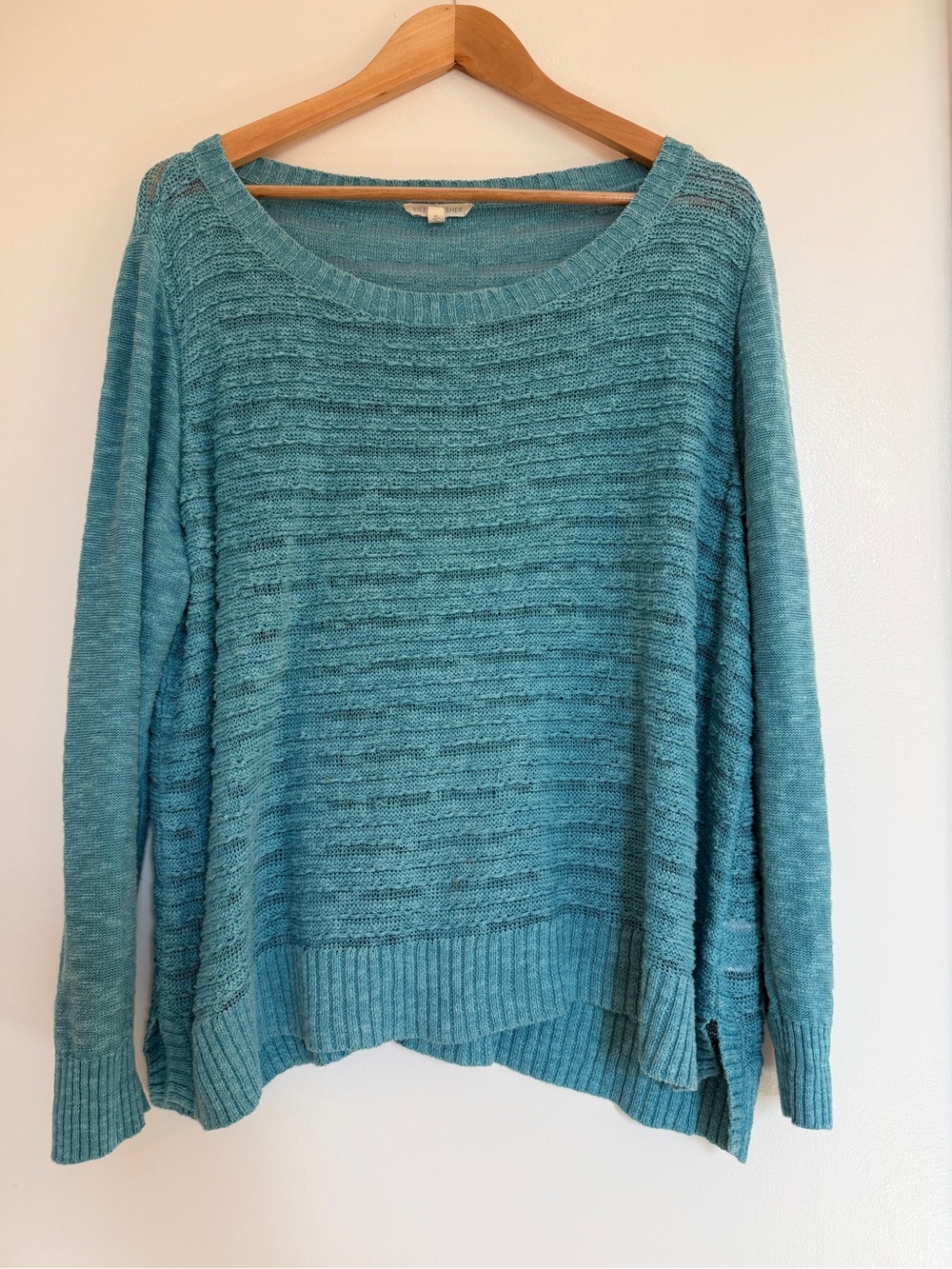 Eileen Fisher Sz XL Blue Knit Long Sleeve Linen Cotton Blend Top Shirt Capsule